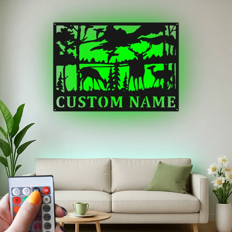 Décoration murale en métal personnalisée avec éclairage LED de forêt de cerfs - Cadeau pour les amoureux de la nature, décoration de chalet ou de pavillon