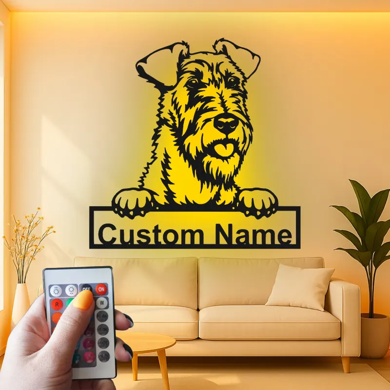 Décoration murale en métal LED personnalisée en forme de terrier Airedale - Cadeau pour les amoureux des chiens - Décor pour le salon