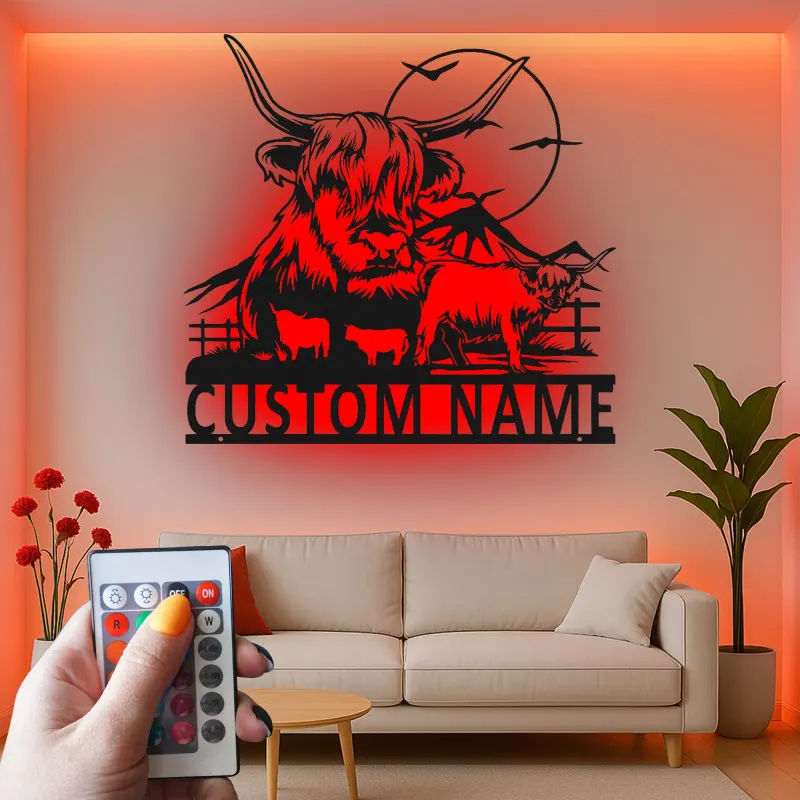 Highland Cow Metal Wall Art | Custom LED Sign for Farmhouse Decor | Personalized Ranch Home Gift for Cow Lovers