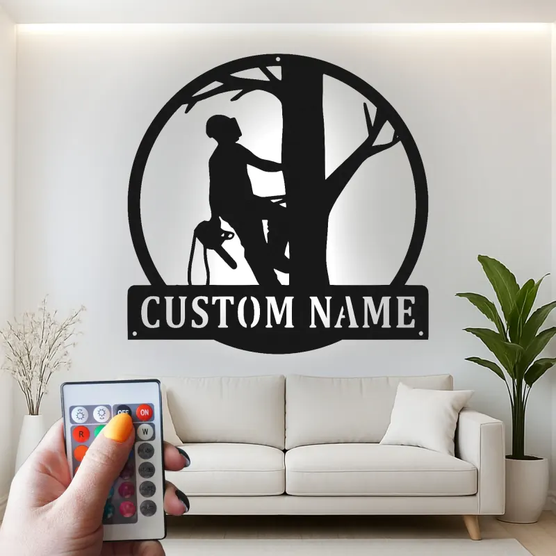 Personalisierte LED-beleuchtete Metall-Wandkunst Baumkletterer Geschenk für Arboristen