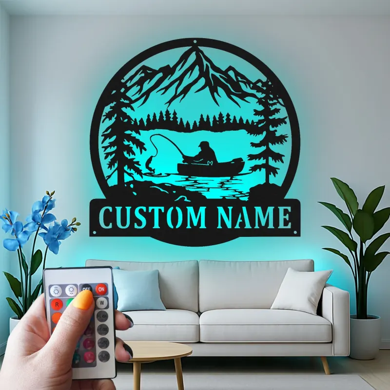 Insegna da pesca personalizzata con LED | Insegna in metallo personalizzata | Decorazione per casa al lago per pescatori | Regalo per appassionati di pesca