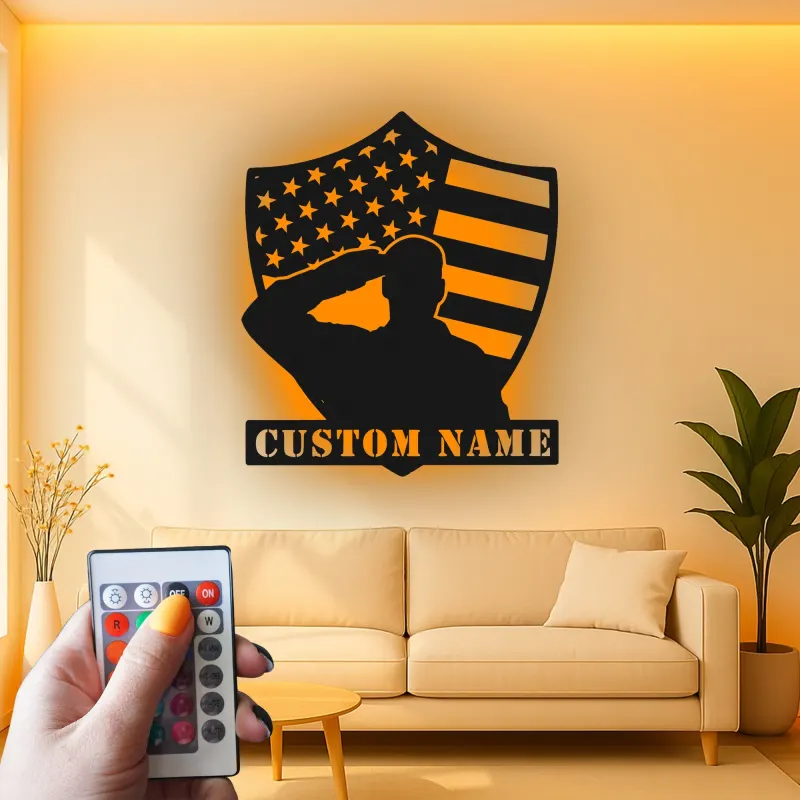 Saluting Soldier LED Metal Wall Art | Personalized Veteran Gift | Custom Military Name Sign for Man Cave