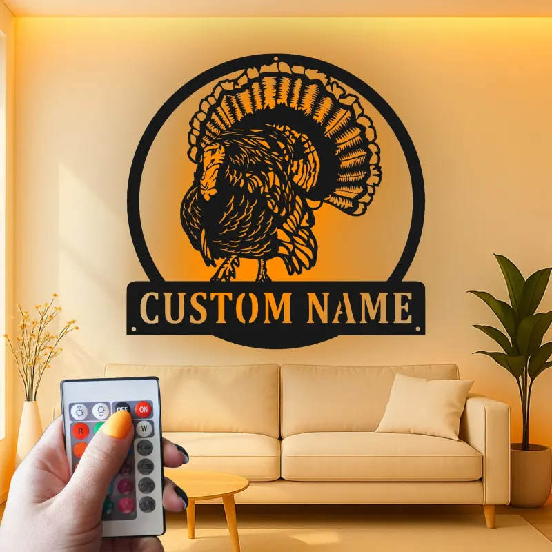 Décoration murale en métal personnalisée avec LED en forme de dinde - Cadeau de Thanksgiving pour la cuisine ou la salle à manger