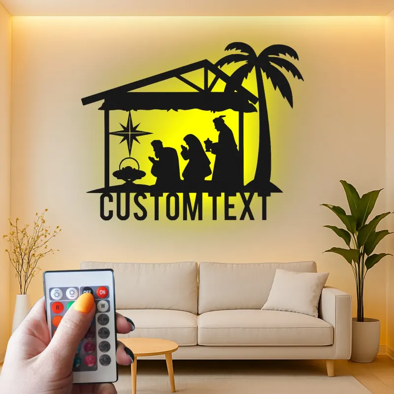 Panneau LED personnalisé de crèche | Art mural en métal pour Noël | Décor religieux de fête | Idée cadeau pour famille chrétienne