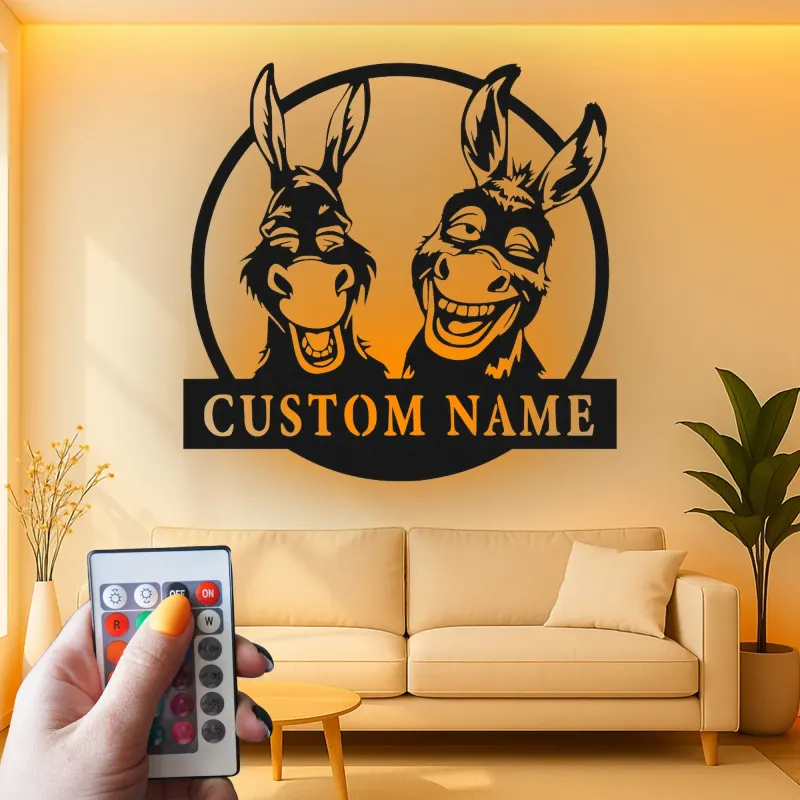 Insegna in metallo personalizzata con duo di asini LED per amanti della fattoria