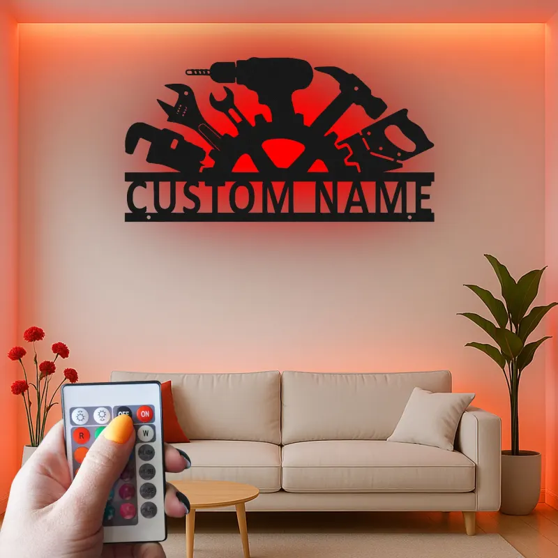 Enseigne personnalisée pour atelier | Décoration murale LED en métal | Décor de garage avec prénom | Cadeau pour menuisier ou mécanicien