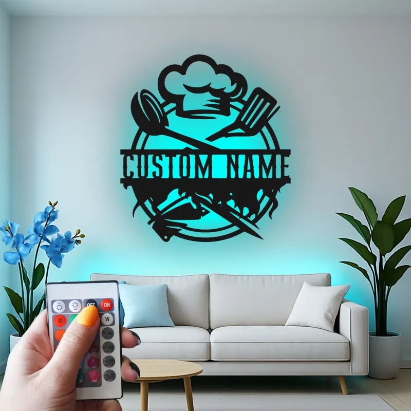 Personalisiertes Metall-Wandbild mit Kochmütze und LED-Beleuchtung – Küchen-Geschenk mit Namen