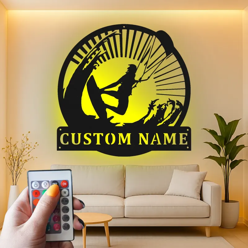 Arte in Metallo LED Personalizzata per Kiteboarding | Insegna con Nome per Kitesurfer | Decorazione per Casa al Mare | Regalo per Amanti dell'Oceano