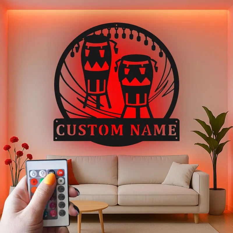 Cartel de metal personalizado con luz LED de bongos para regalo de músico, decoración de sala de música