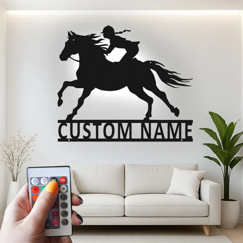 Panneau LED équestre personnalisé | Décoration murale en métal pour cavalière | Déco d’écurie & cadeau pour amoureuse des chevaux