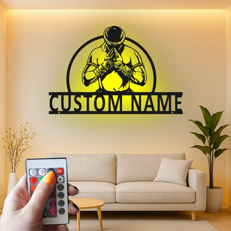 Décoration murale en métal personnalisée avec éclairage LED de combattant Muay Thai - Cadeau pour artistes martiaux, décoration de gym ou de maison