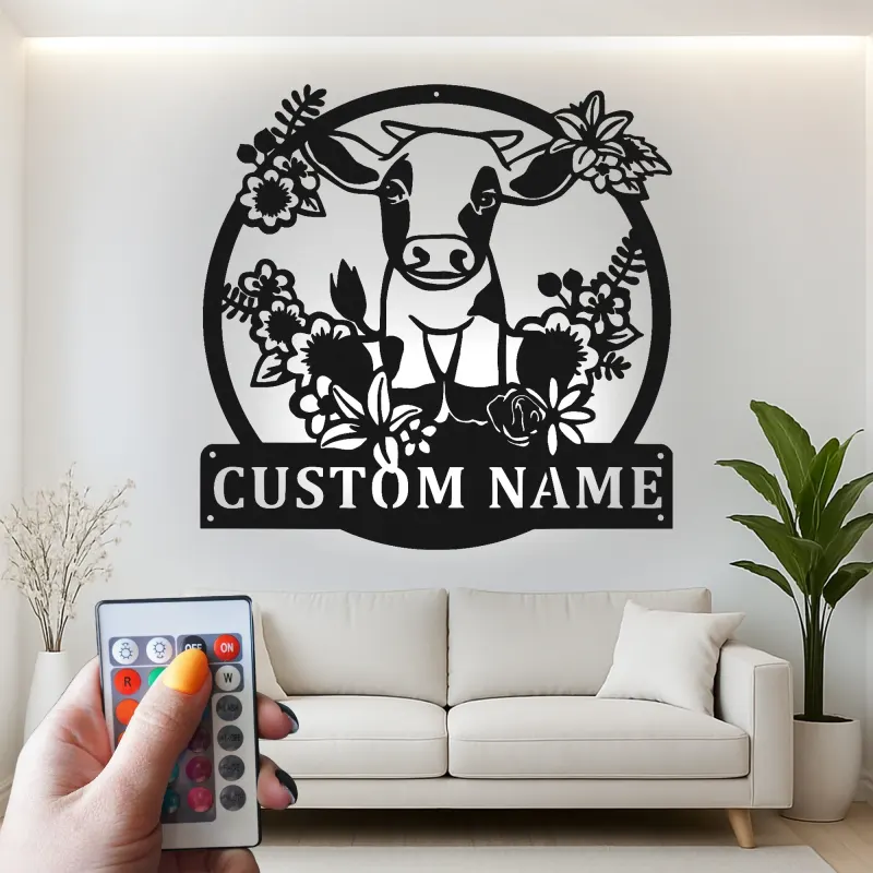 Insegna in metallo LED personalizzata con mucca e fiori - Regalo per fattoria - Decorazione rustica per cucina