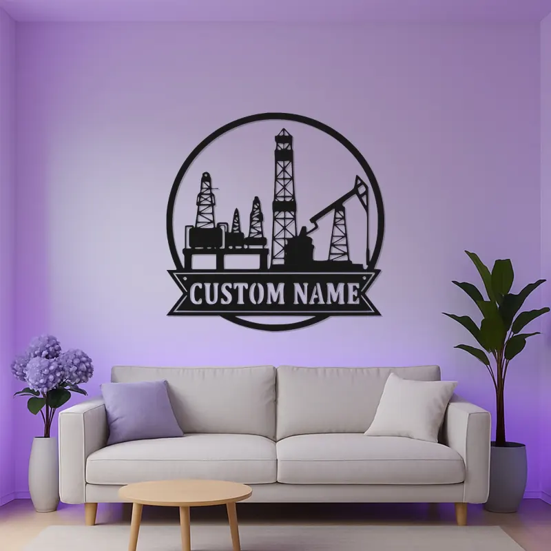 Cartel LED personalizado de torre petrolífera | Arte mural de metal personalizado | Decoración industrial para trabajador del petróleo y regalo para roughneck