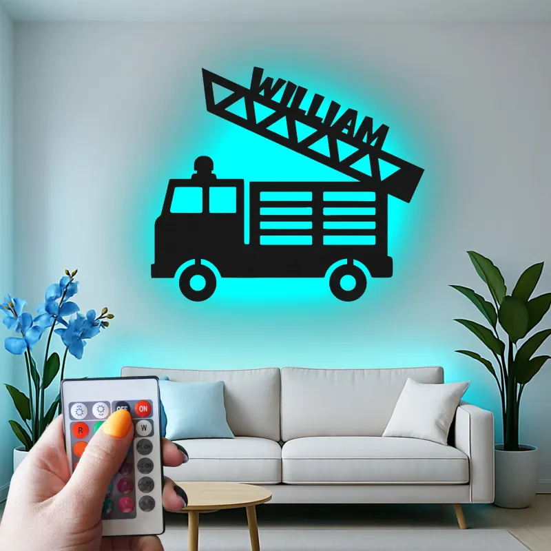 Personalized Fire Truck Name Sign | LED Metal Wall Art for Boys Room | Custom Kids Decor | Nursery Night Light