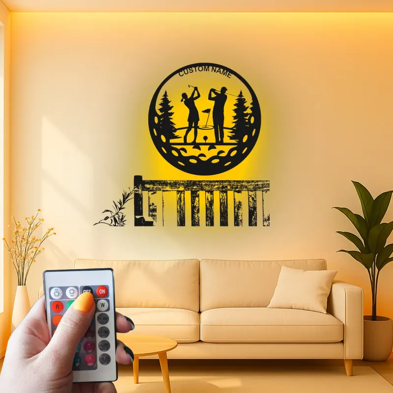 Custom Golf Couple Metal Sign | Personalized Golfer LED Wall Art | Unique Anniversary Gift for Golfers | Home Bar Decor