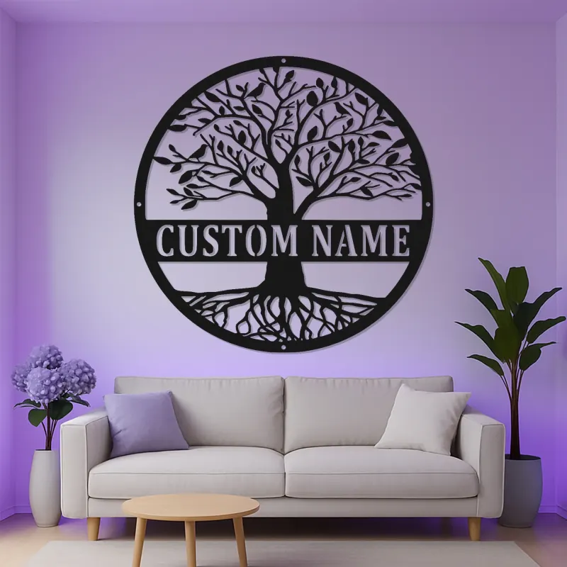 Art Mural LED Arbre de Vie | Panneau de Nom de Famille Personnalisé | Décor Métal Personnalisé pour Entrée | Cadeau de Crémaillère pour Couples