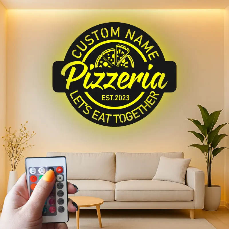 Personalized Pizzeria Sign | Custom 3D Metal Wall Art | Retro Restaurant & Kitchen Decor | Backlit LED Logo for Business