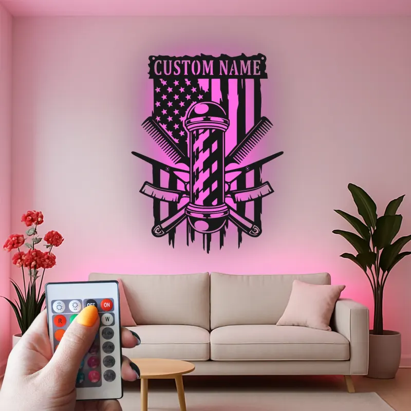Cartel de metal LED personalizado de barbero con luz, regalo para barberías, decoración de salón para peluqueros