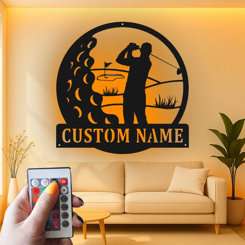 Panneau métallique personnalisé pour golfeur | Décoration LED avec prénom | Cadeau pour amateur de golf | Déco de man cave et bar à domicile