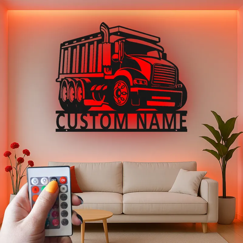 Insegna in metallo LED personalizzata a forma di camion ribaltabile - Regalo per appassionati di camion, decorazione per garage o man cave
