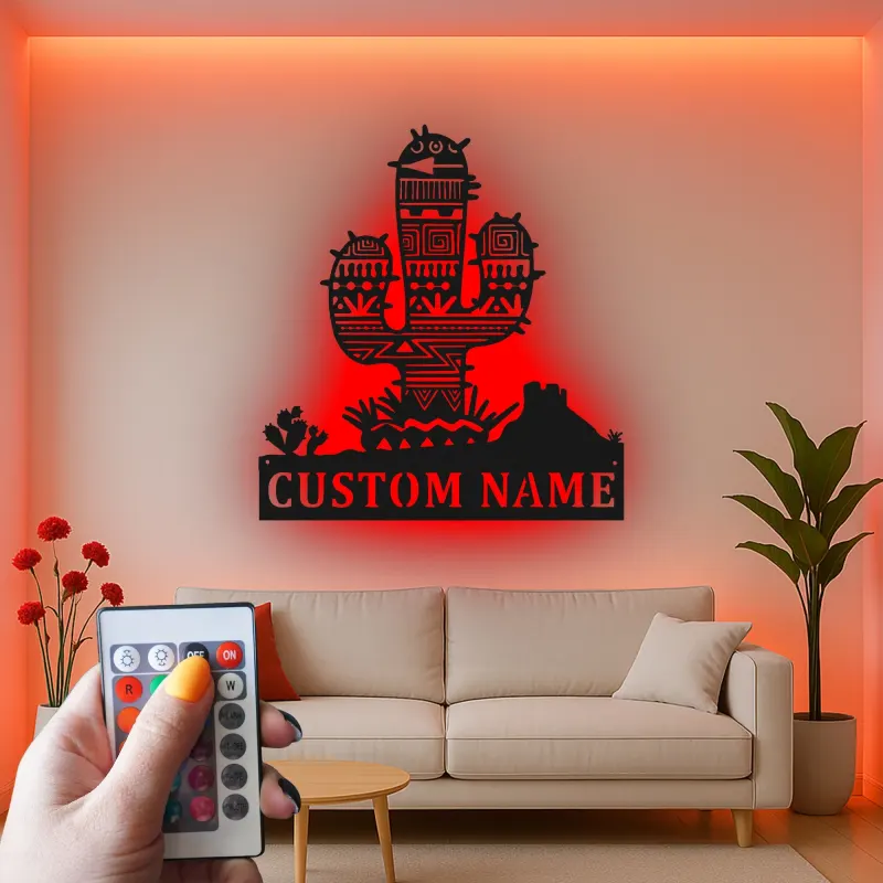 Décoration murale en métal personnalisée avec lumière LED en forme de cactus - Cadeau de décoration désert pour le salon