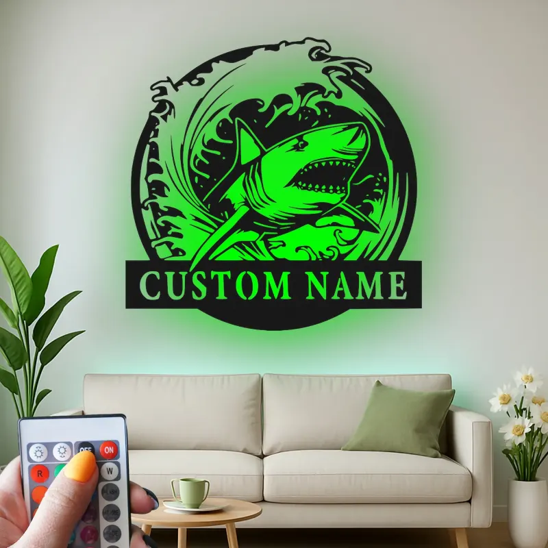 Arte da parete in metallo con squalo bianco | Insegna LED personalizzata per ufficio e taverna | Decorazione su misura con onda oceanica | Regalo marino e nautico