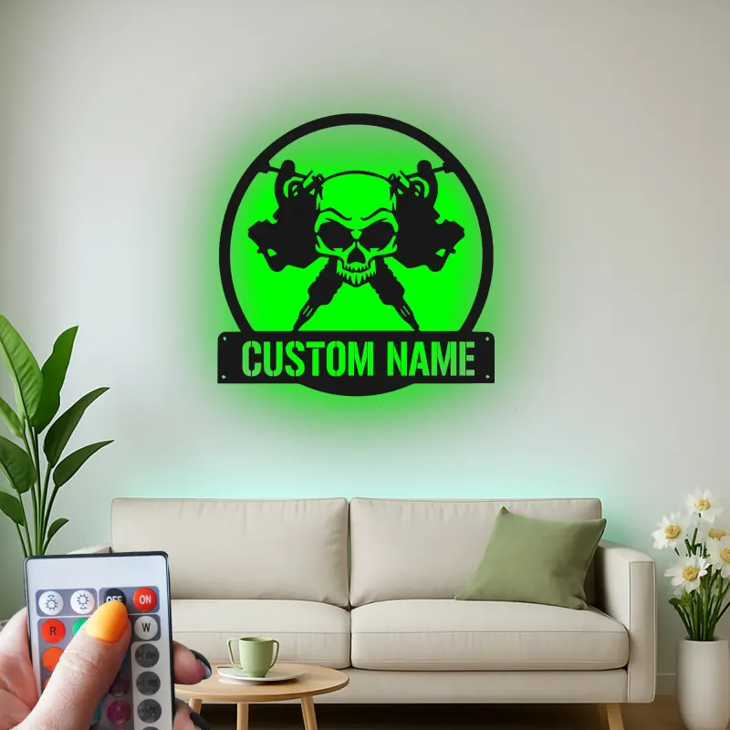 Personalisierte Skull LED-Leuchtschilder | Individuelles Metallschild für Tattoo-Studios | Edles Dekor für Tattoo-Studios und Künstlergeschenke
