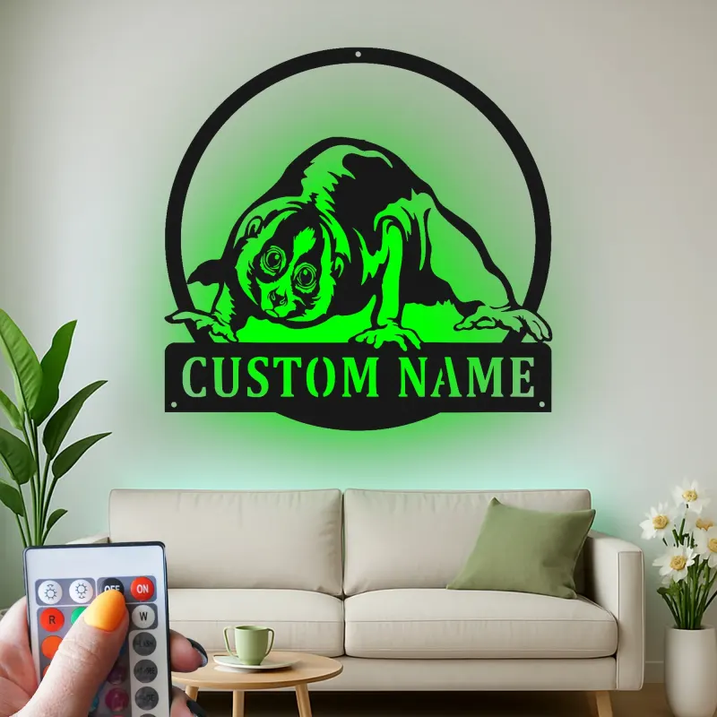Insegna con Nome Personalizzato di Loris Lento | Arte Murale LED in Metallo | Decorazione per Nursery di Animali Selvatici | Regalo Esotico per Stanza dei Bambini