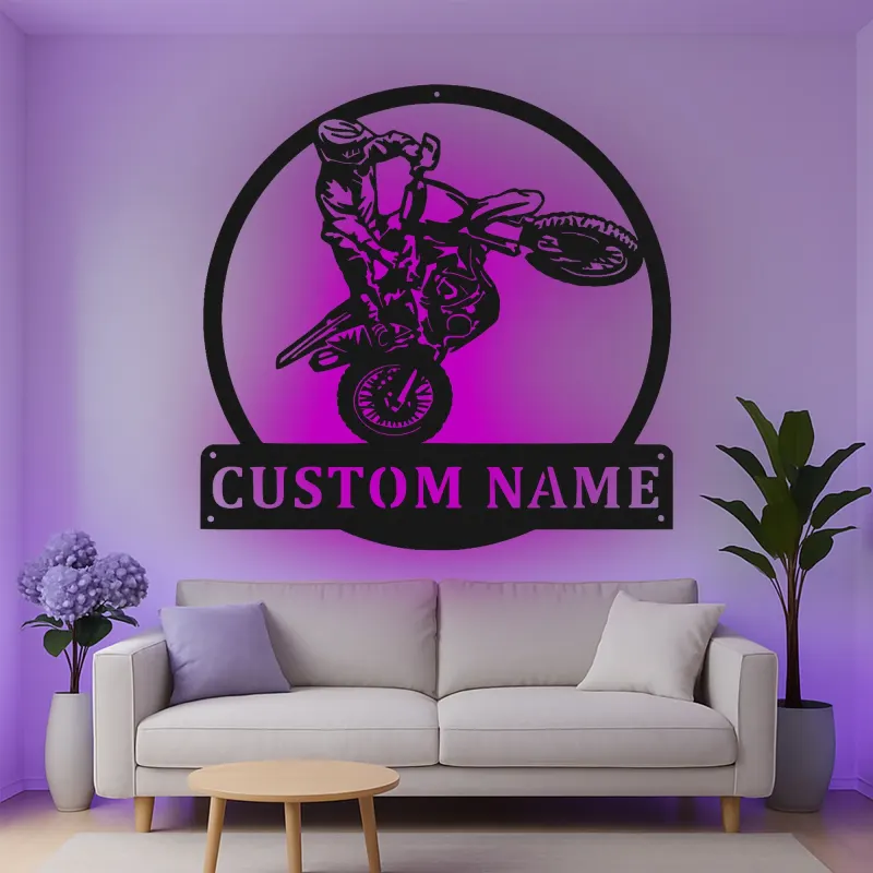 Custom Motocross Rider Led Light Metal Wall Art Personalized Gift for Dirt Bike Enthusiasts Garage Decor