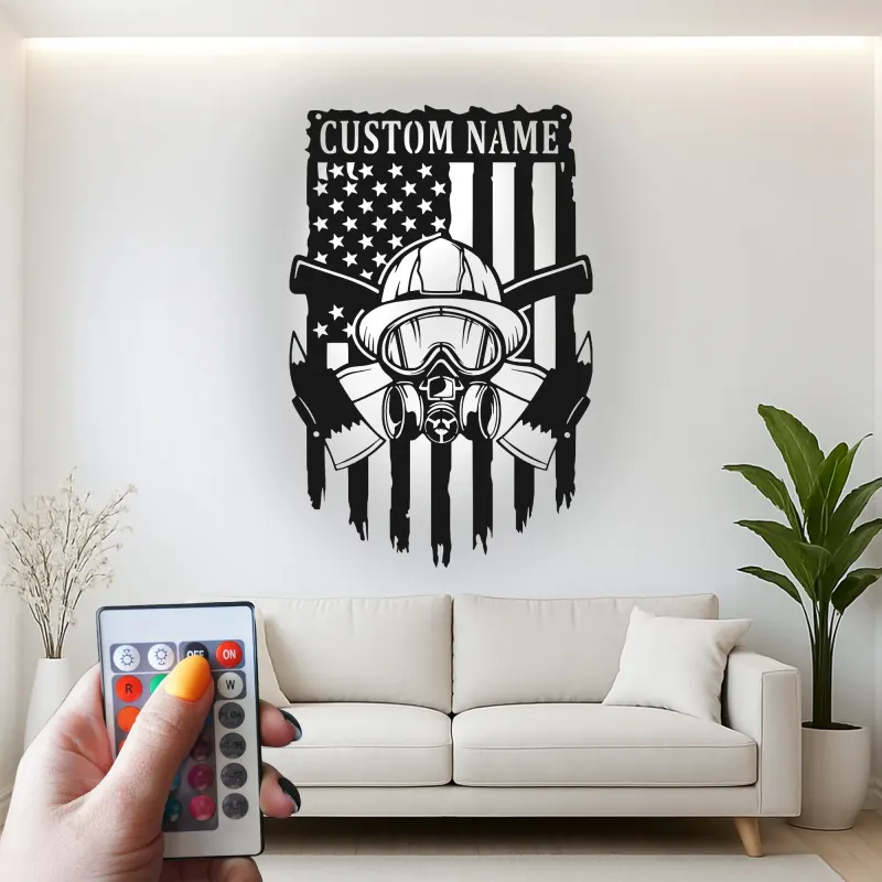 Personalized Firefighter LED Sign | Custom Fireman Metal Wall Art | Patriotic American Flag Decor for Home & Fire Station