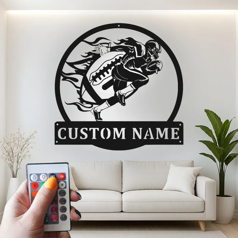 Cartel de metal personalizado de jugador de fútbol americano | Arte mural LED personalizado para habitación infantil | Regalo decorativo para deportistas en día de partido