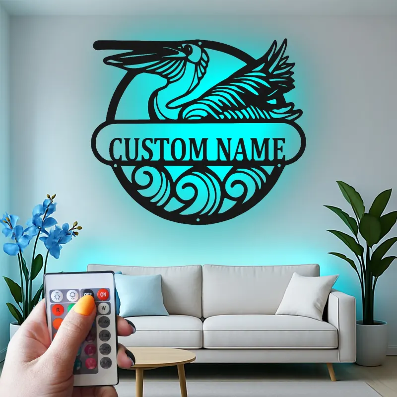Custom Pelican LED Metal Sign | Personalized Coastal Wall Art | Beach House Decor | Nautical Family Gift