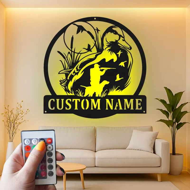 Insegna in metallo personalizzata con luce LED caccia anatre regalo per cacciatori decorazione per man cave o baita 1