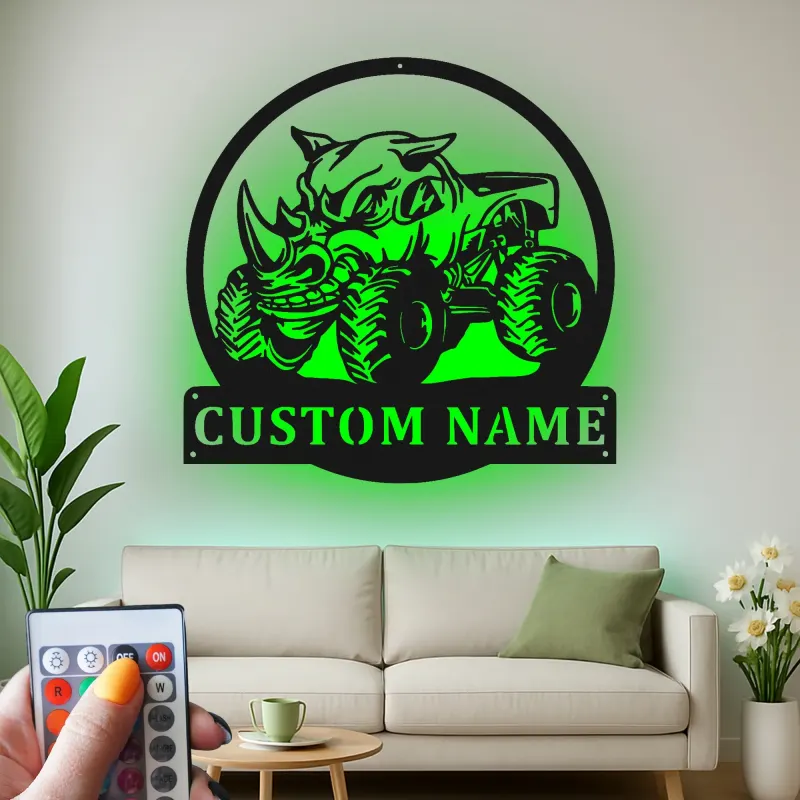 Custom Rhino Monster Truck Sign | Personalized LED Metal Wall Art | Boys Room Decor & Off-Road Gift