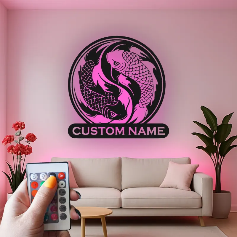 Cartel de metal de peces Koi Yin Yang | Arte mural LED personalizado | Decoración japonesa zen personalizada para sala de meditación y estudio