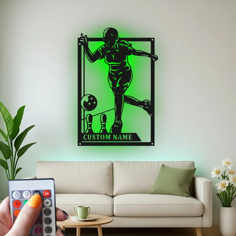 Custom Bowling Player Led Light Metal Wall Art Personalized Gift for Bowlers Game Room Sports Decor