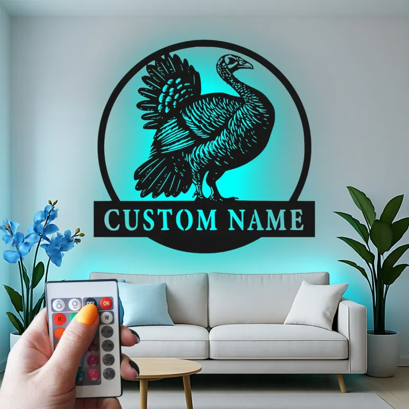 Décoration murale en métal LED personnalisée avec dinde - Cadeau pour chasseurs, décoration de ferme rustique