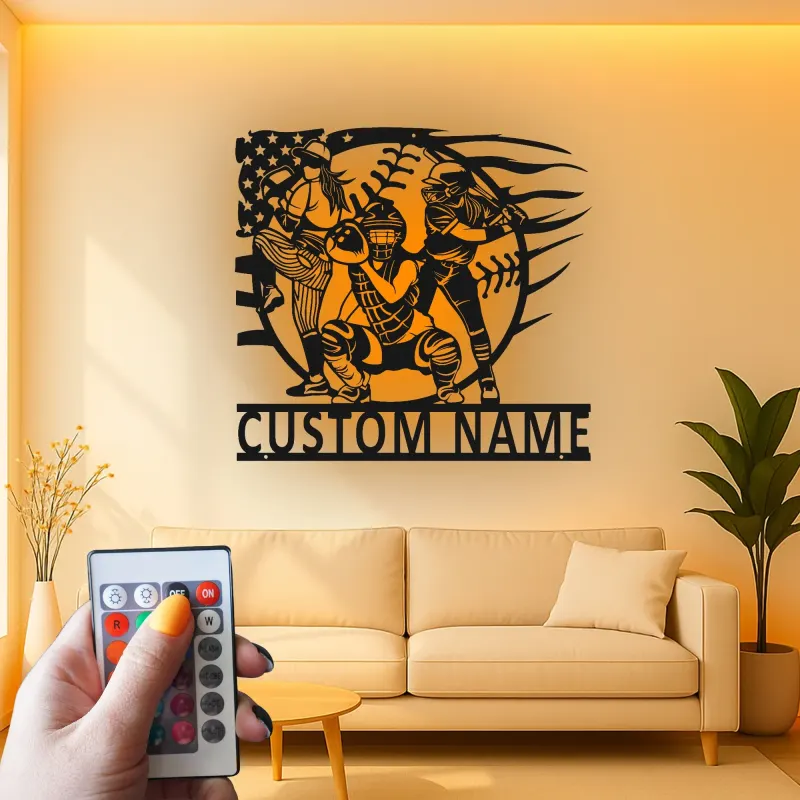 Insegna in Metallo per Giocatori di Softball Personalizzata | Arte da Parete LED con Nome Personalizzato | Regalo per Squadra di Softball | Decorazioni per Camera delle Ragazze & Ricevitore, Lanciatore, Battitore