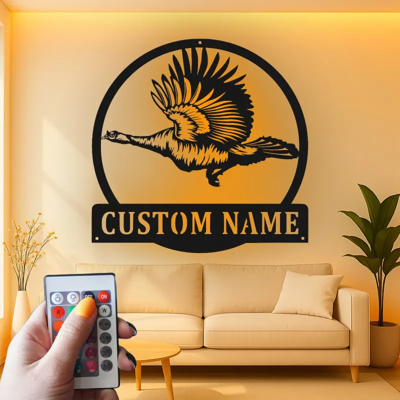 Panneau personnalisé de oie en vol | Art mural en métal LED | Décoration animalière personnalisée pour cabane ou cadeau de lodge de chasse