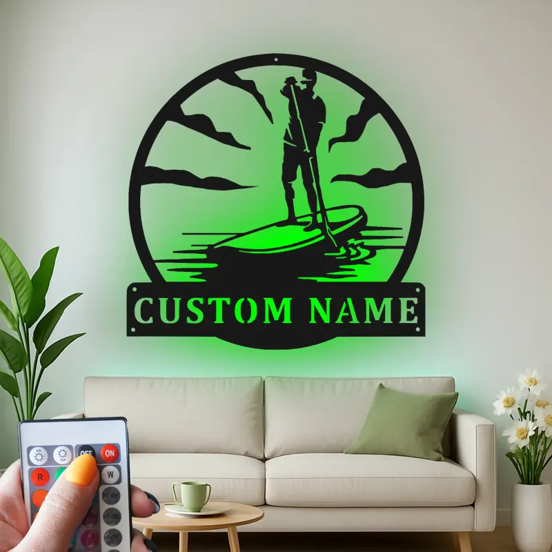 Insegna in metallo LED per Paddle Board | Insegna SUP personalizzata | Decorazione costiera su misura per casa al mare e casa al lago