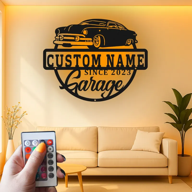Personalisiertes LED-Garagenschild | Individuelle Metall-Wandkunst für klassische Autos | Vintage-Auto-Dekor | Geschenk für Ihn
