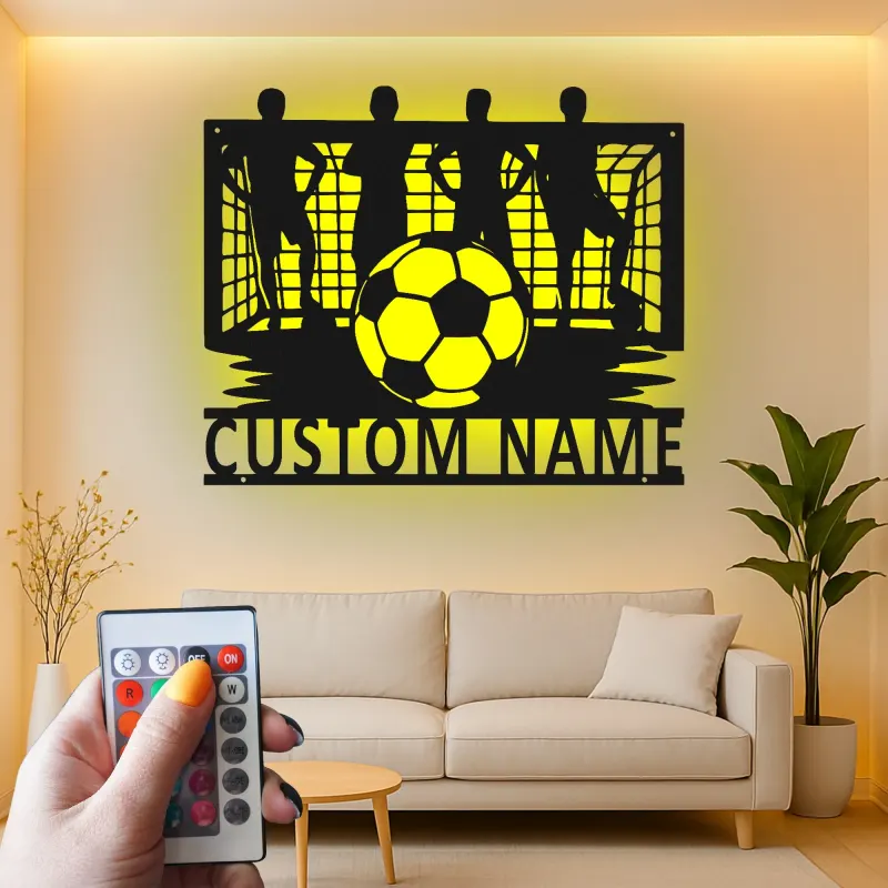 Arte mural de metal personalizado de fútbol | Cartel LED con nombre personalizado para habitación de chicos | Regalo para jugador de fútbol | Decoración mural deportiva