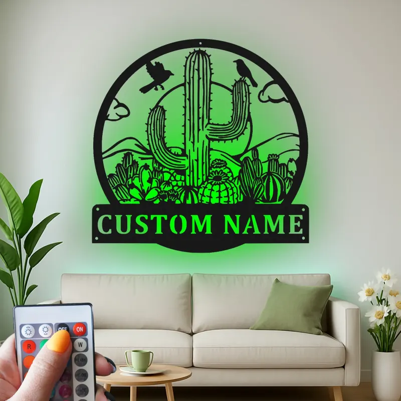 Personalisierte LED-Metall-Wandkunst mit Wüstenkaktus-Szene – Geschenk im Südwesten-Stil für Wohnzimmer oder Terrasse