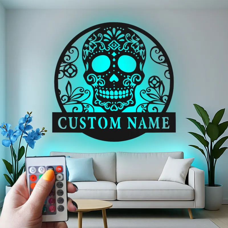 Personalisierte Zuckerschädel-LED-Leuchtschild | Individuelle Metall-Wandkunst für Gothic- & Día de los Muertos-Dekor | Florale Calavera-Namensplakette