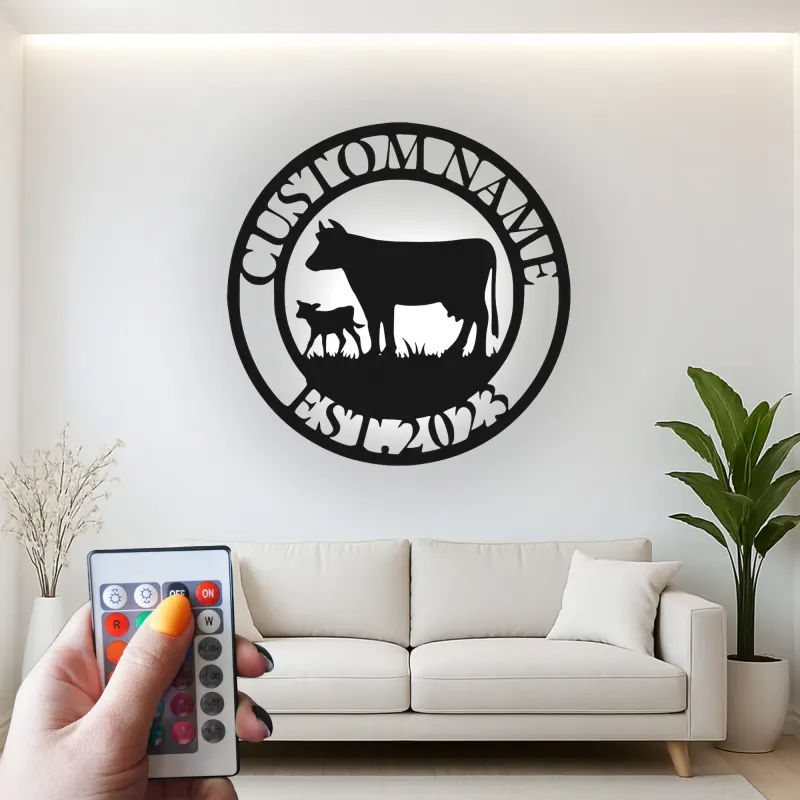 Custom Farm Cow and Calf Led Light Metal Wall Art Personalized Ranch Gift Rustic Farmhouse Decor