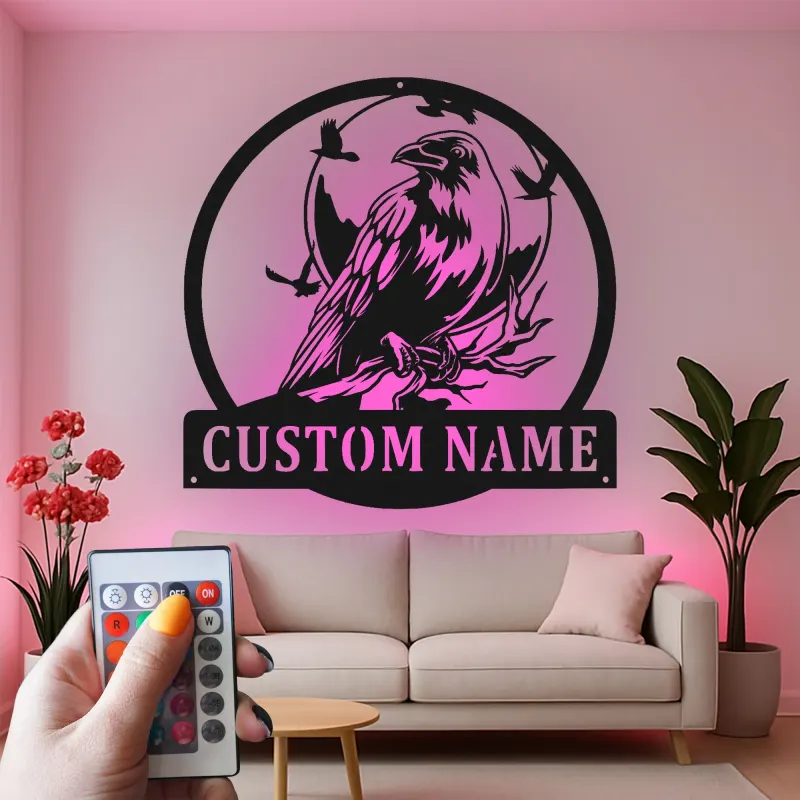 Cartel de metal LED con cuervo personalizado, regalo para amantes de las aves, decoración única para sala de estar