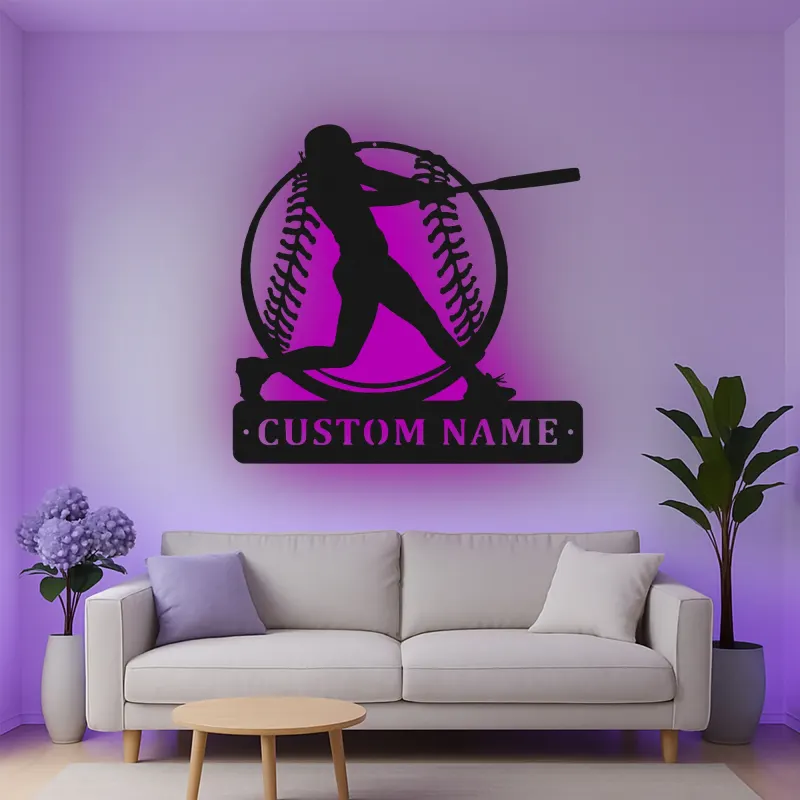 Insegna in metallo personalizzata con luce LED per giocatore di baseball - Regalo personalizzato per appassionati di sport e decorazione per sala giochi o camera da letto