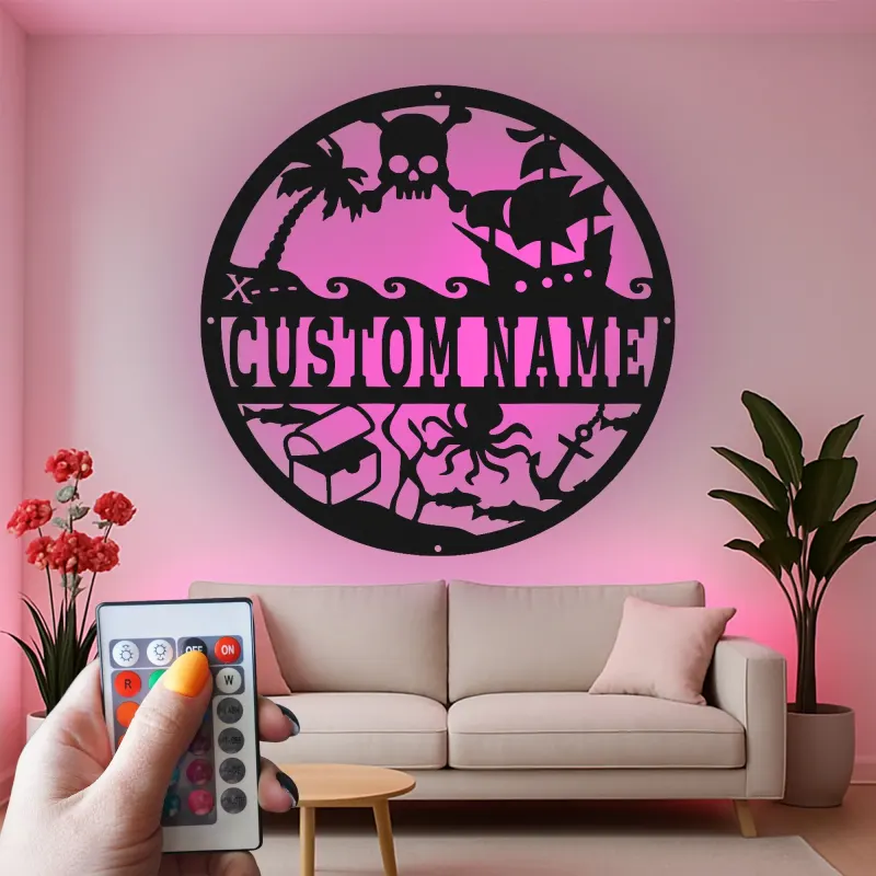 Personalized Pirate Ship Sign | Custom Name LED Metal Wall Art | Nautical Nursery Decor for Kids Room | Skull & Octopus Treasure Art