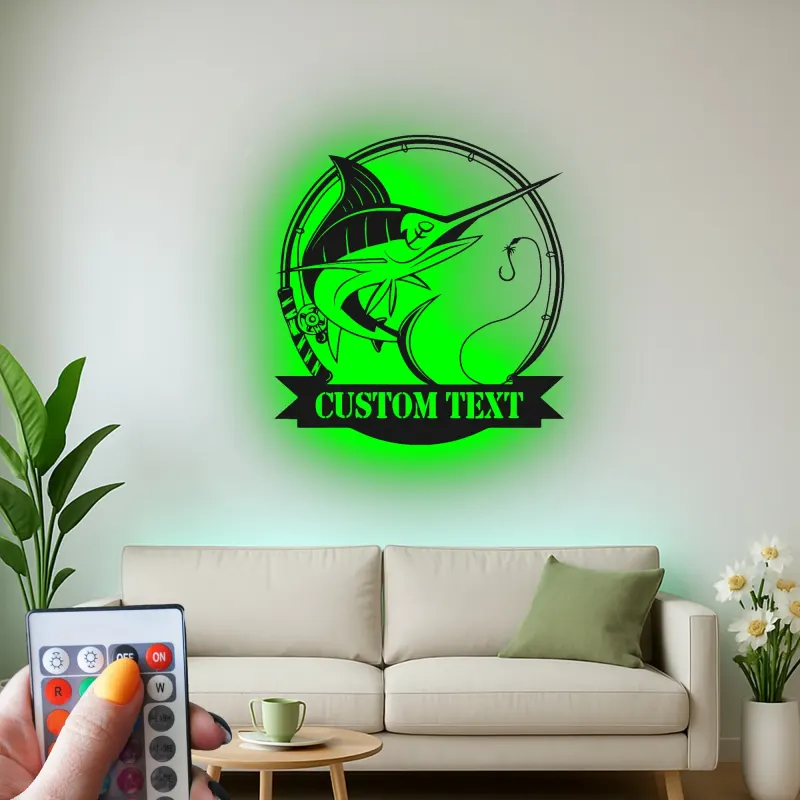 Insegna in Metallo LED Pesce Marlin Personalizzata | Insegna Decorativa per Pesca | Regalo per Pescatore per Man Cave o Cabina