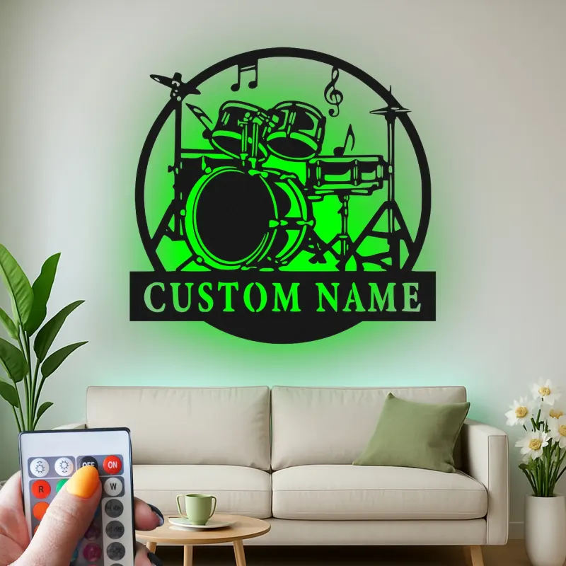 Décoration murale en métal LED personnalisée pour batteur - Cadeau musicien - Décor de salle de musique